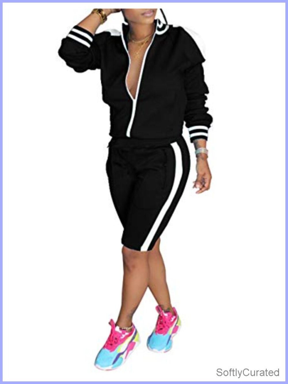 Two Piece Tracksuit Active Workout Matching Set with Zip Top and Bike Shorts